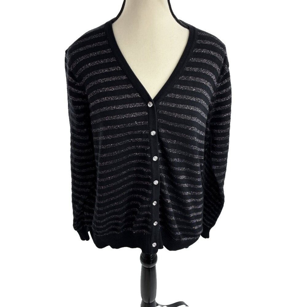 Cathy Daniels Cardigan XL Black Metallic Stripe Button Front Knit Sweater Top